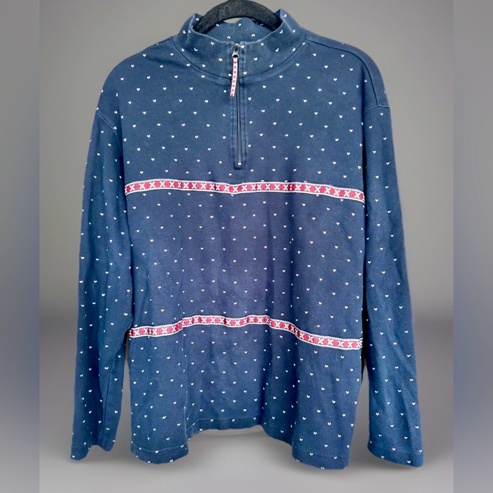 Bechamel Long Sleeve 1/4 Zip Navy Sweatshirt Embroidered Red/White Pattern Large